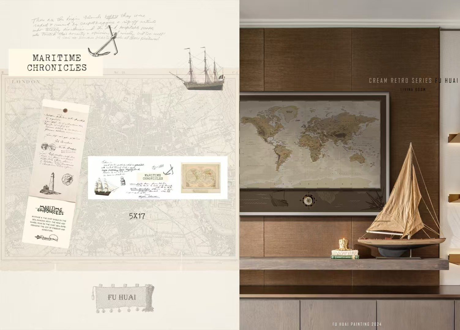 FU HUAI neutral sailboat and map wall art scene